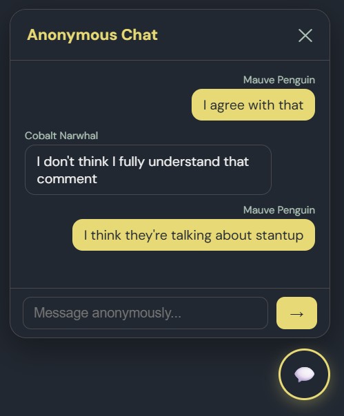 Anonymous chat panel showing messages between Mauve Penguin and Cobalt Narwhal