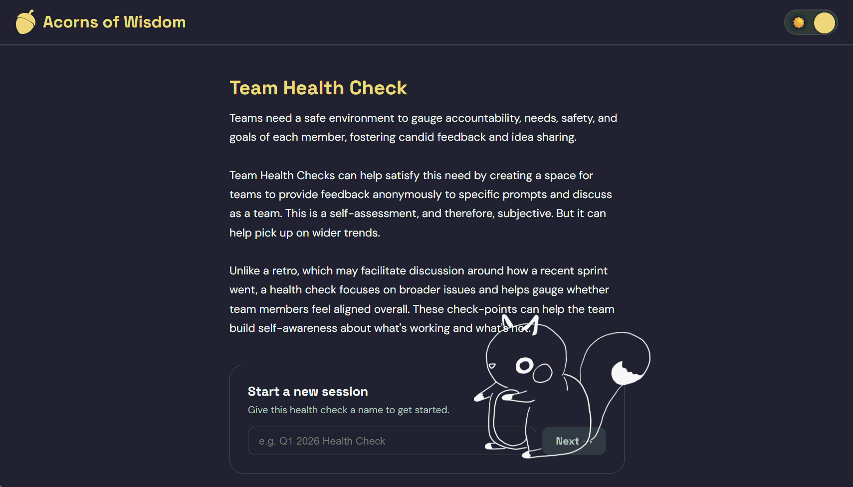 Acorns of Wisdom dashboard with team ratings and animated squirrel