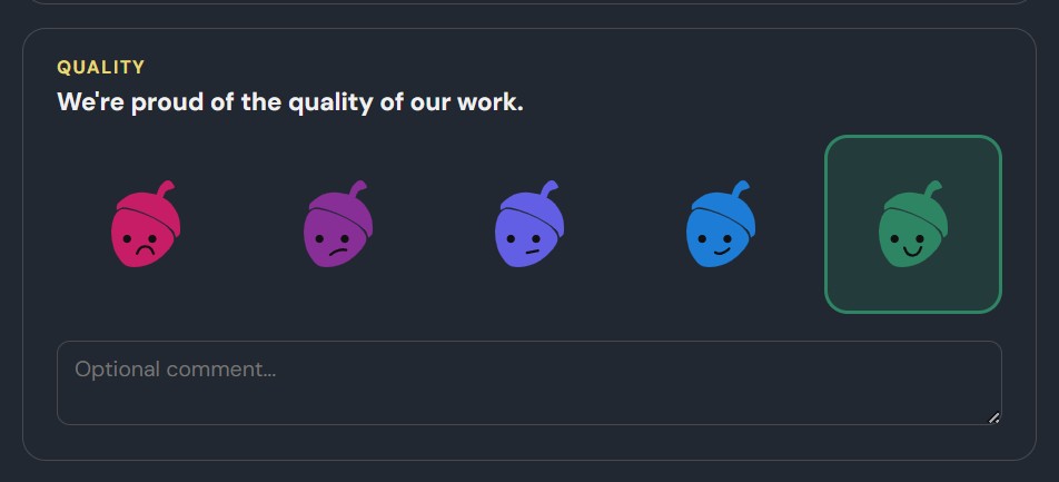 Rating scale showing five acorn icons from red frowning to green smiling, with optional comment field