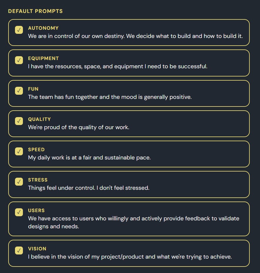 Eight default health check categories shown as selectable cards with yellow checkmarks