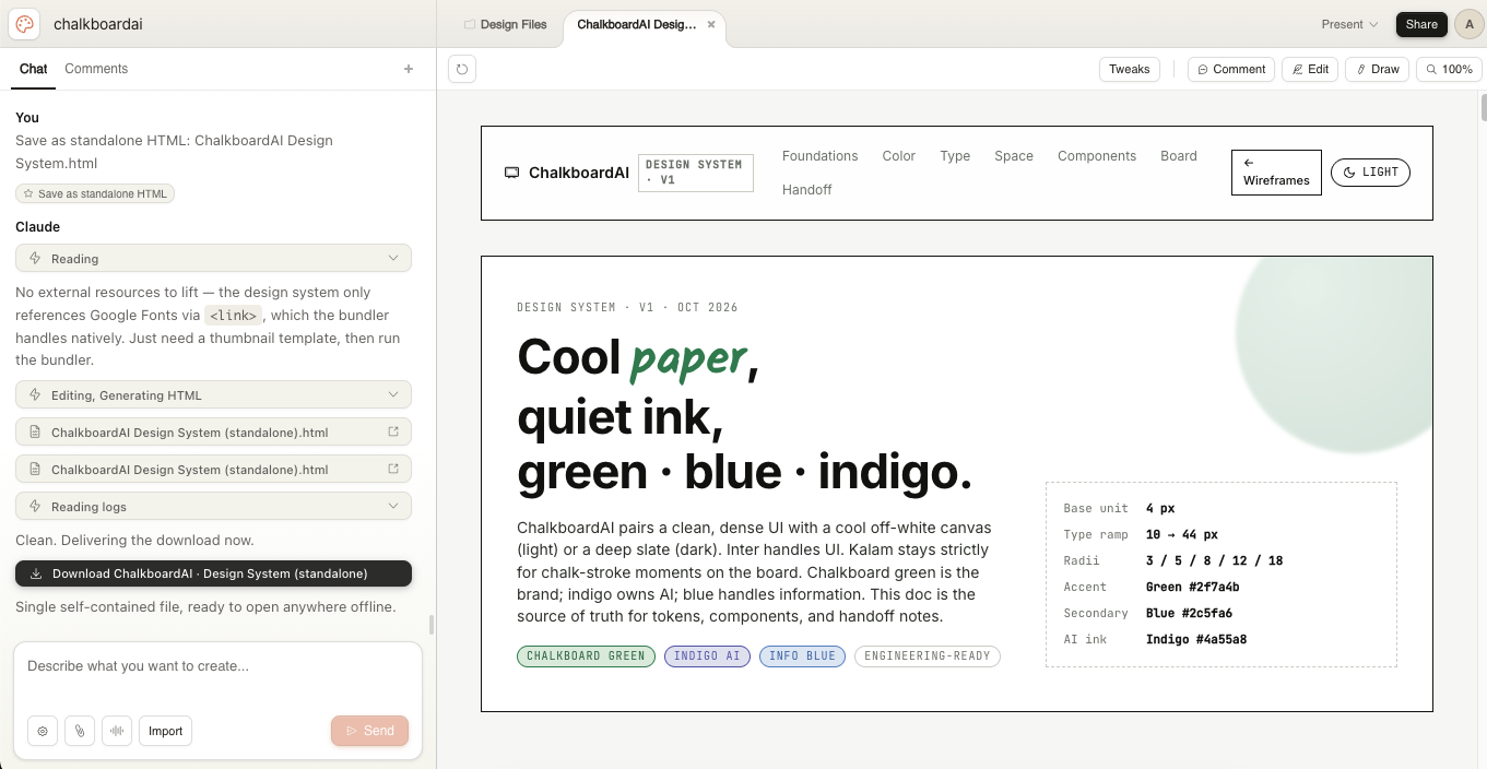 ChalkboardAI design system light mode, built with Claude Design