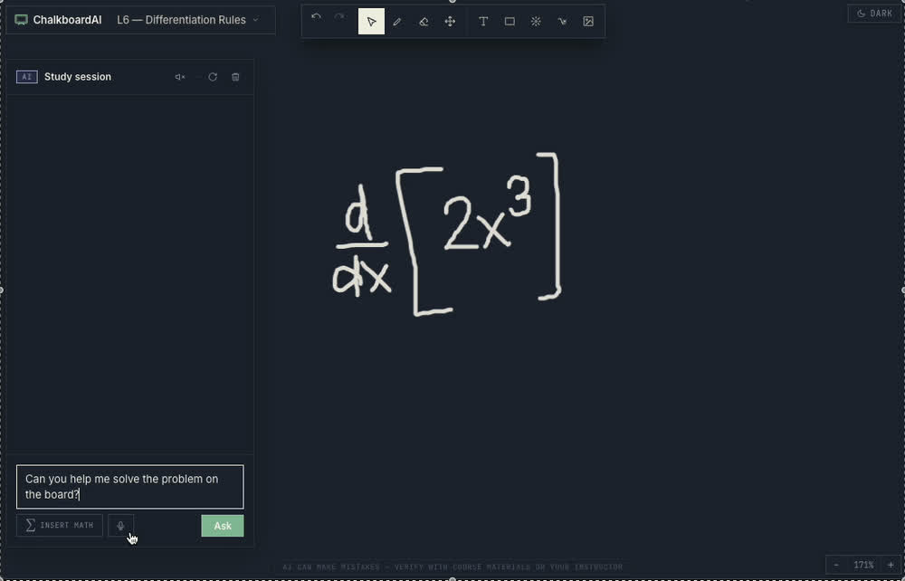 ChalkboardAI interface showing the infinite canvas with a math problem and AI tutor chat panel