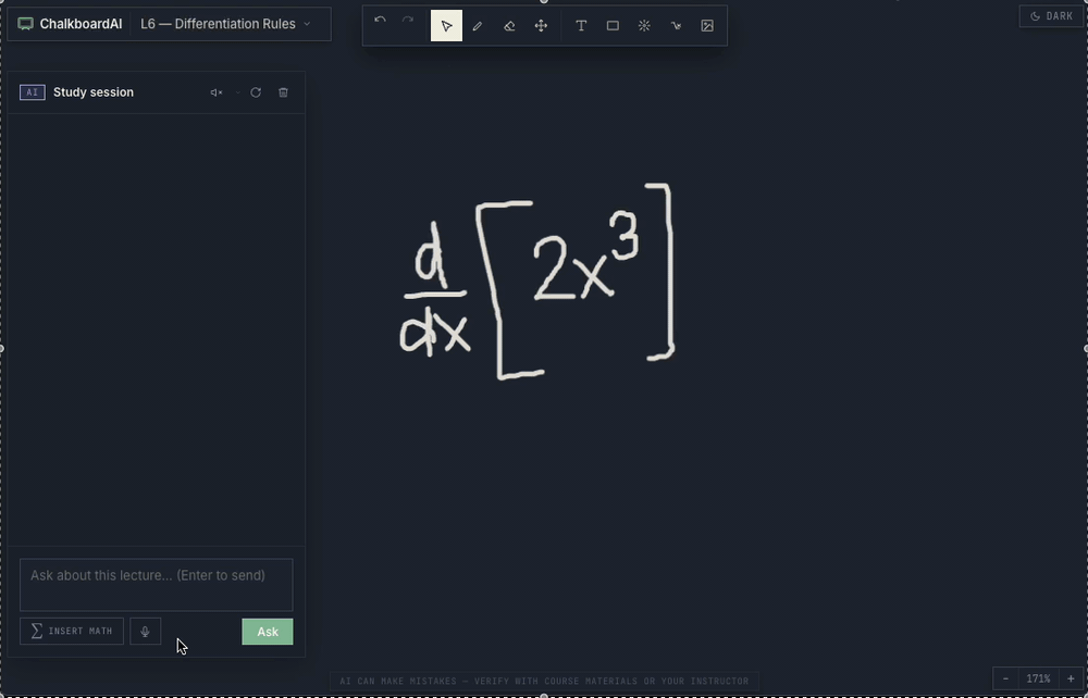 ChalkboardAI interface showing the infinite canvas with a math problem and AI tutor chat panel