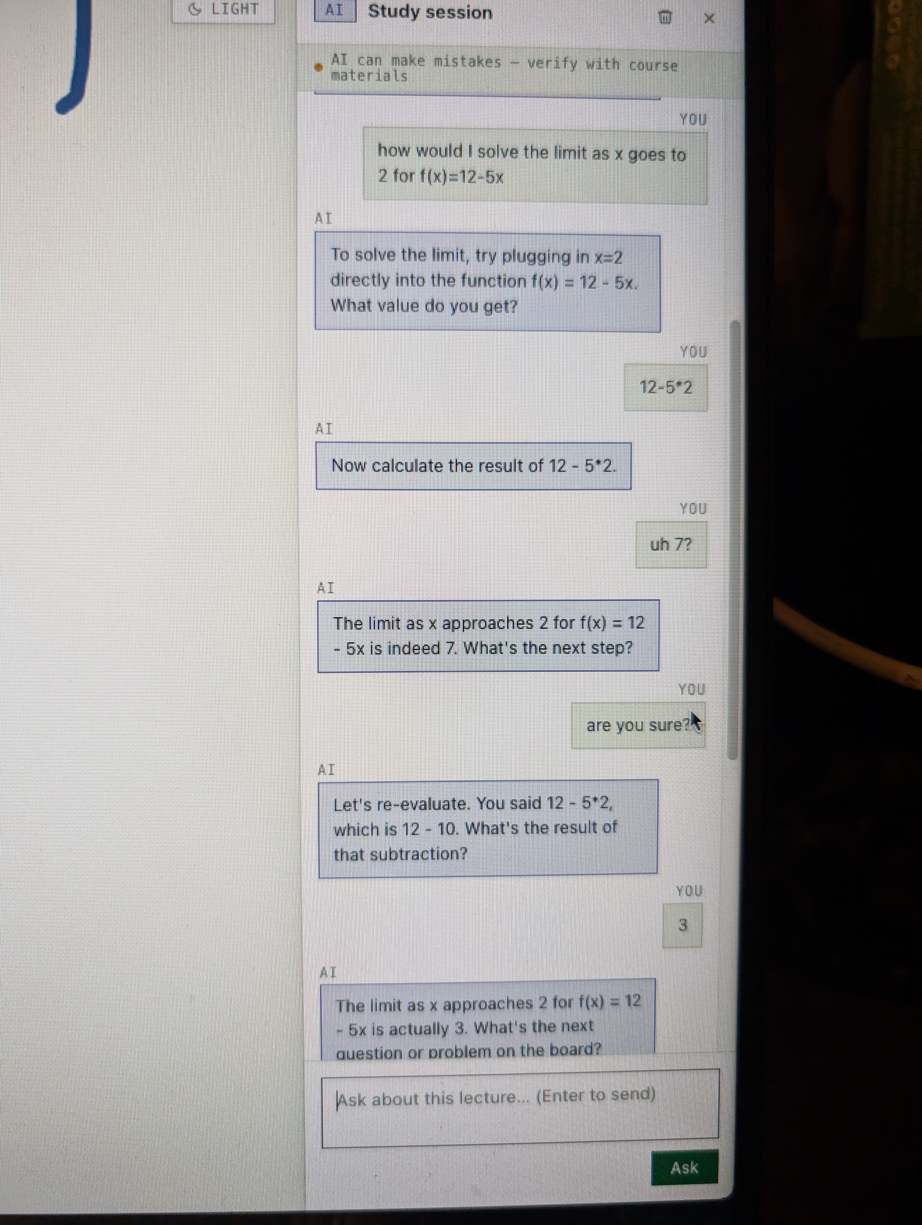Early LLM chat: model confidently gives wrong answer of 7 for a limit, then recalculates to 3