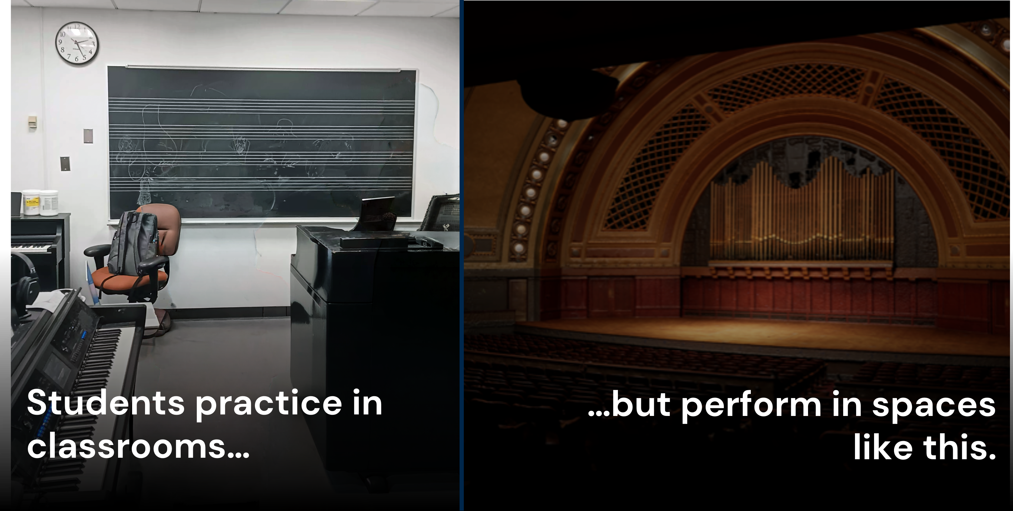 Side-by-side: a piano classroom on the left, Hill Auditorium from the stage on the right