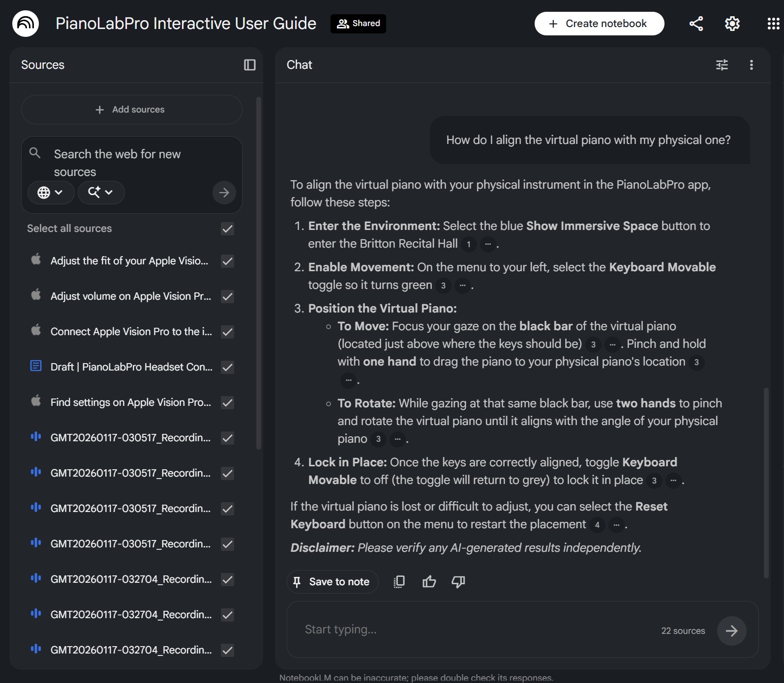 PianoLabPro Interactive User Guide built in NotebookLM, AI-powered facilitator guide for ISR testing sessions