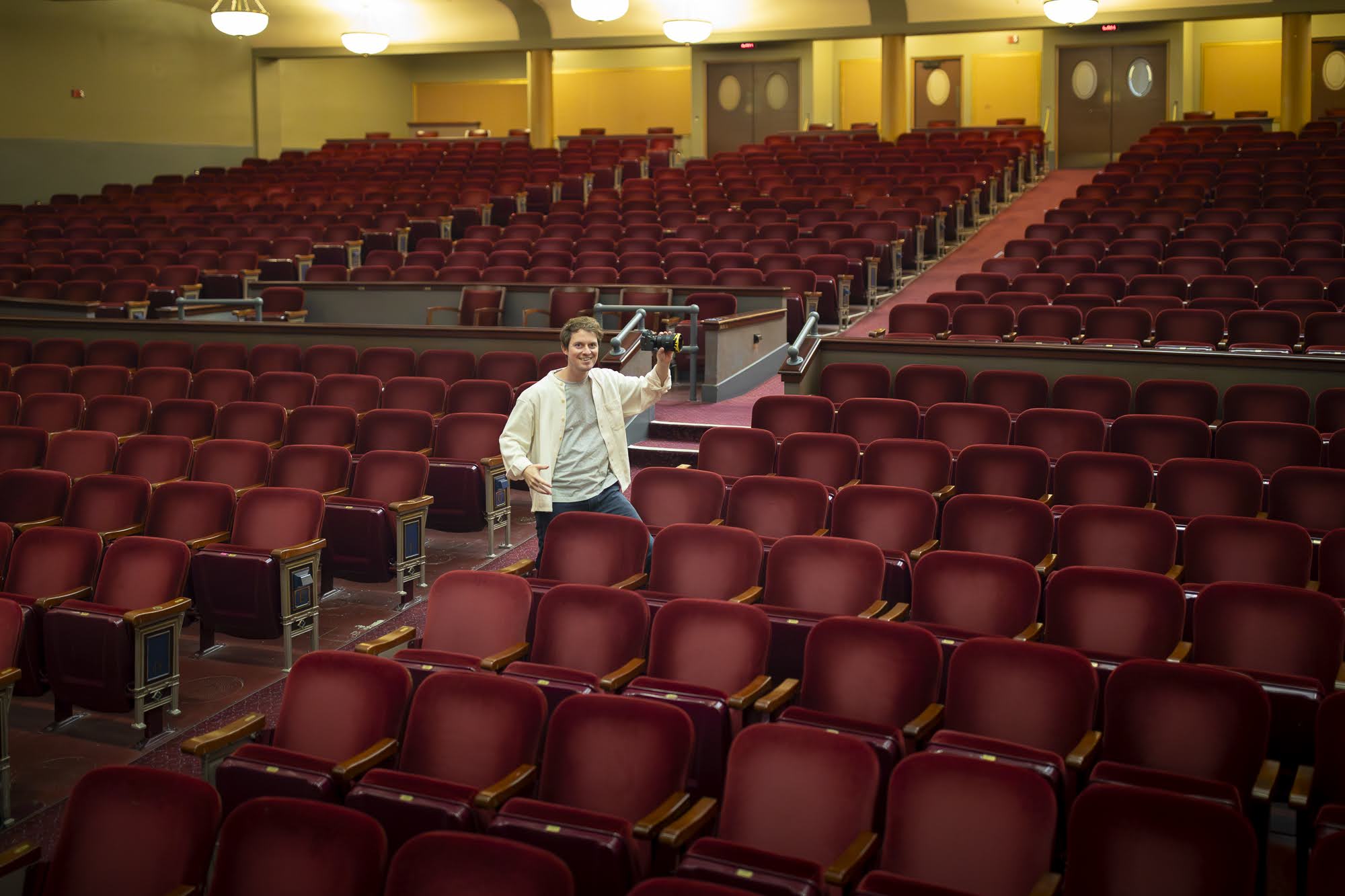 Team member in the Hill Auditorium seats during the photogrammetry capture day