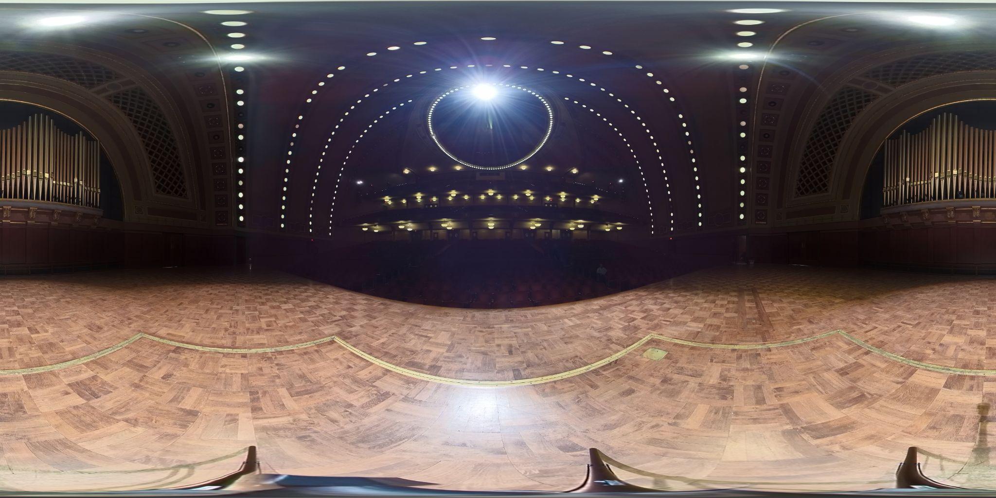 360 degree panoramic view from the Hill Auditorium stage, the performer's perspective facing an empty house