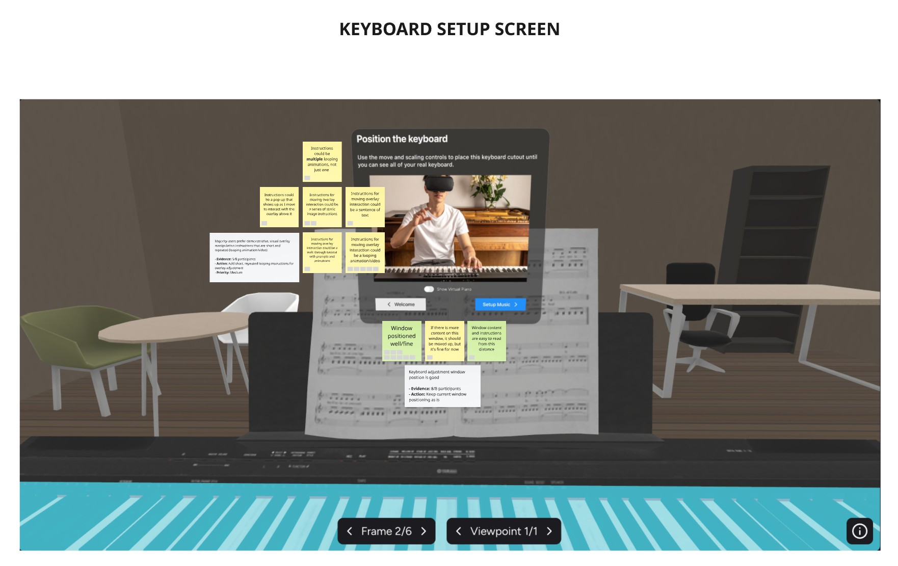Usability testing synthesis on the ShapesXR keyboard setup screen, sticky notes with findings and action items overlaid on the prototype
