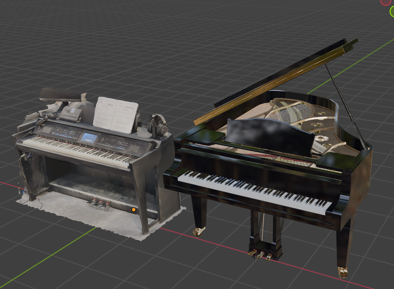 Grand piano mesh in Blender showing the digital keyboard and grand piano model side by side