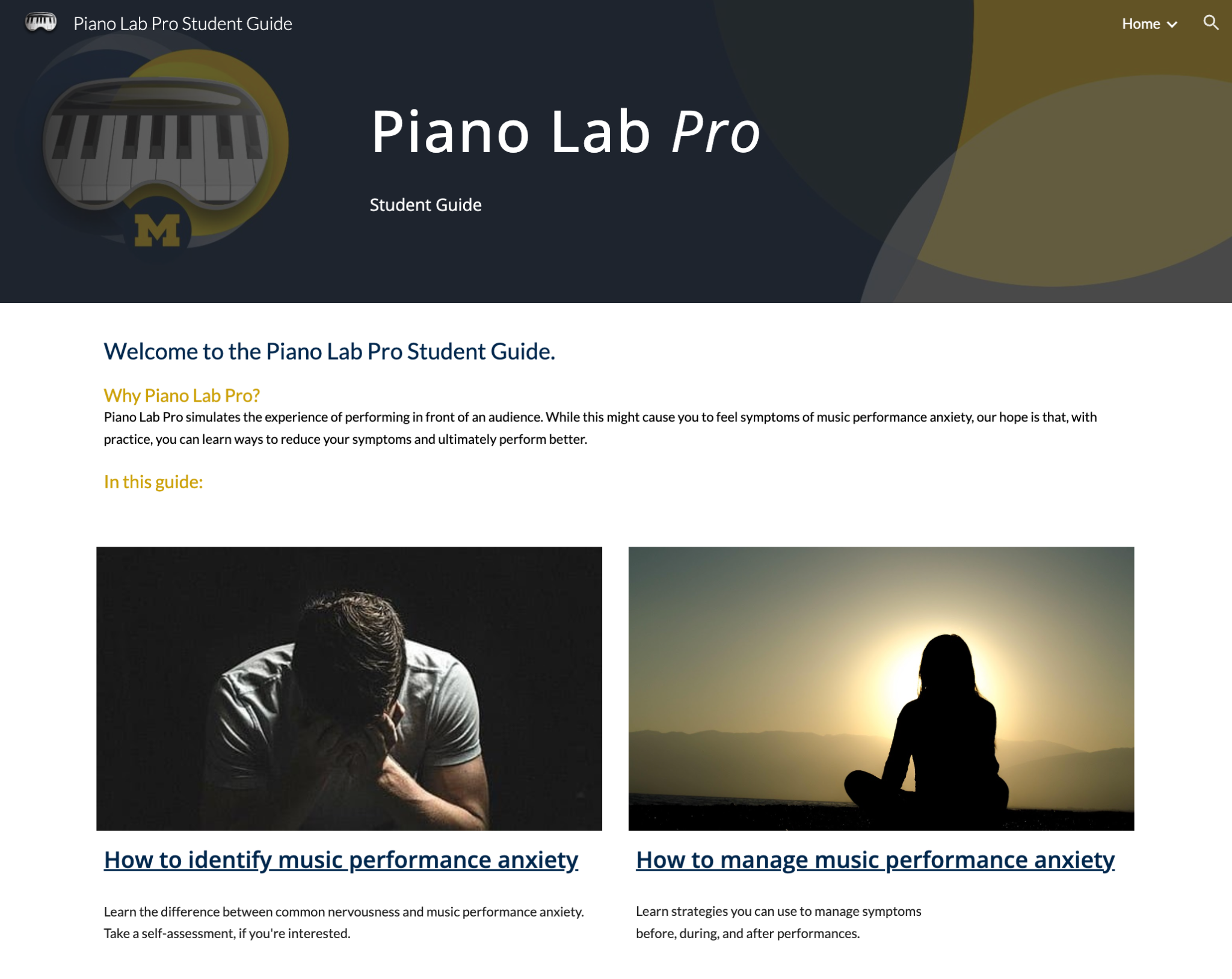 Piano Lab Pro Student Guide, a Google Site with preparation content deployed to students