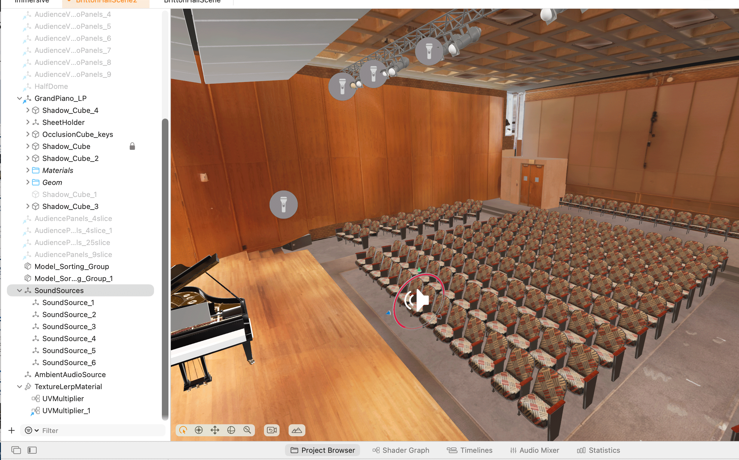 Britton Recital Hall scene in Unity showing audience panels, sound sources, and grand piano