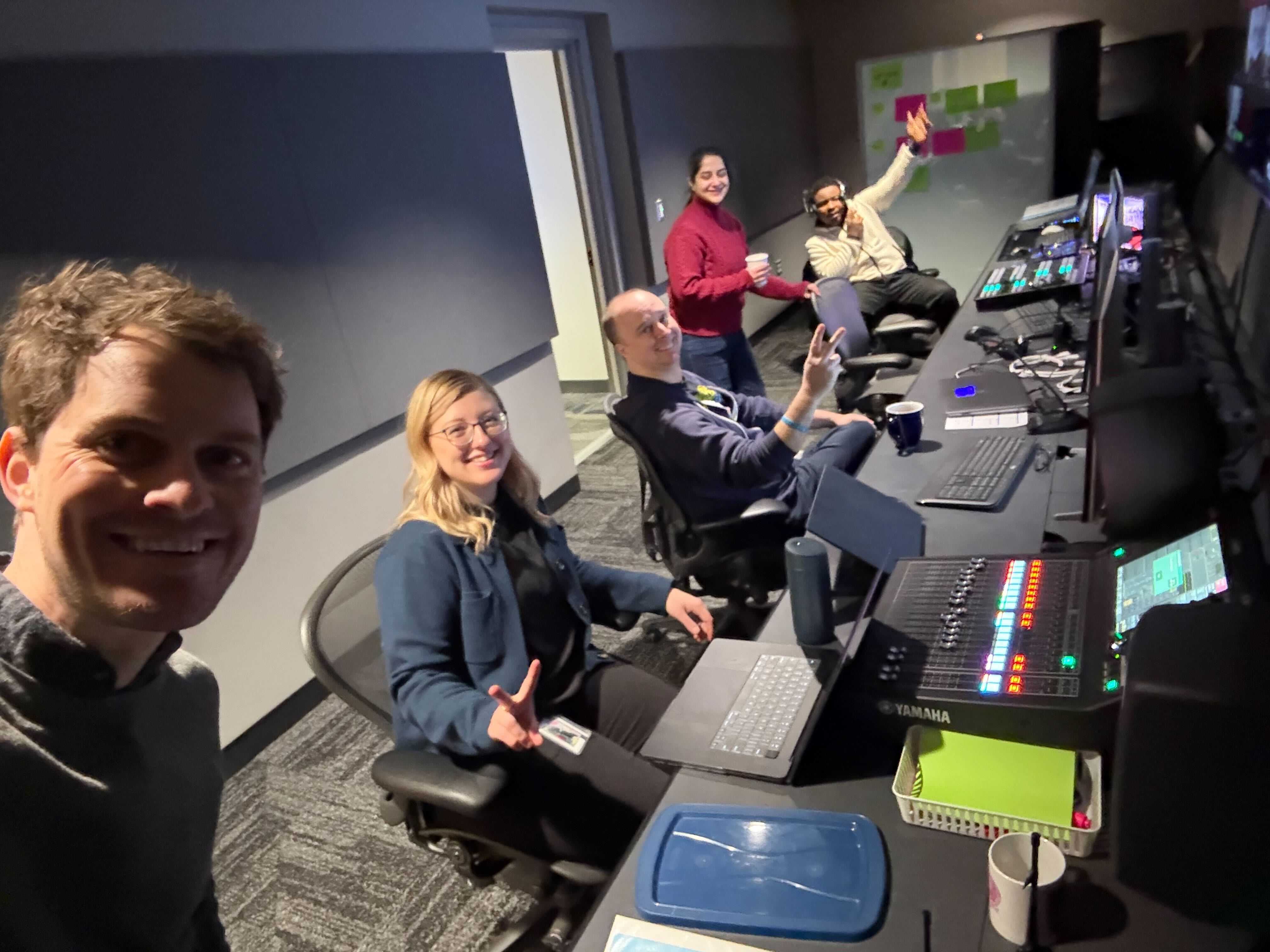 Amanda with her XR team in the control room at U-M's Center for Academic Innovation